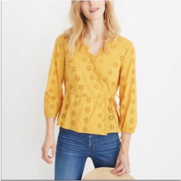 Madewell Scalloped Eyelet Wrap Top Belted / Tie Waist Black - Picture 5 of 5